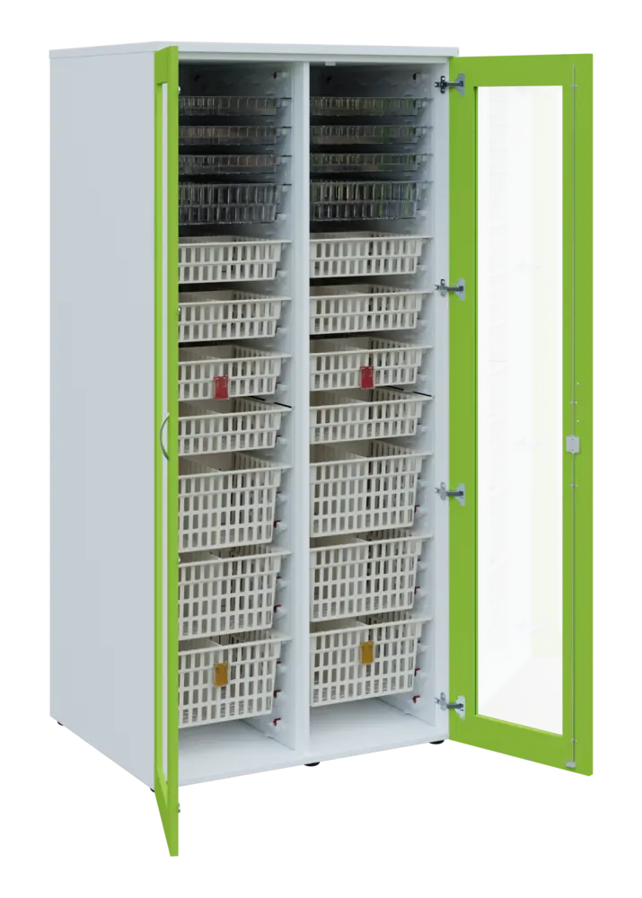 EUROMEDICA S - 90 skříň léková boxová, 2-dveřová/prosklená, 1950x900x735, korpus bílý, dvířka jarní zeleň